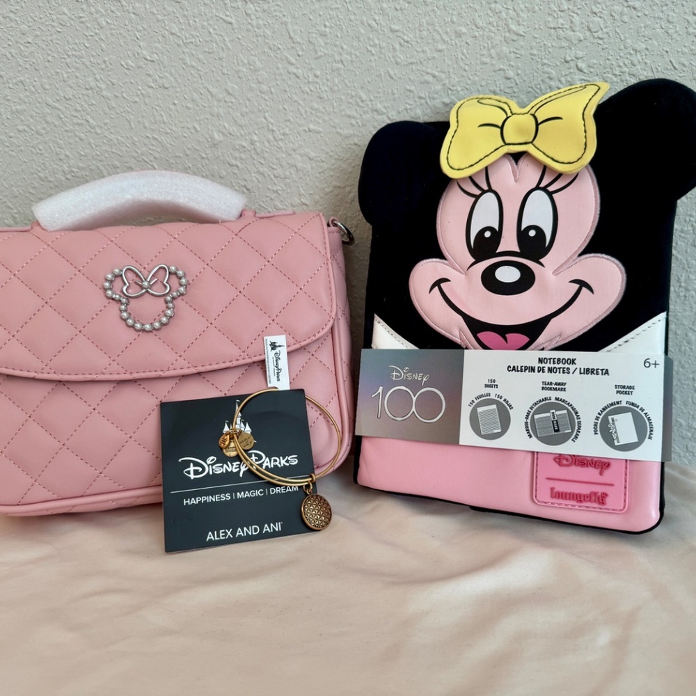 Minnie Mouse crossbody, Loungefly journal and Alex & Ani Epcot bracelet